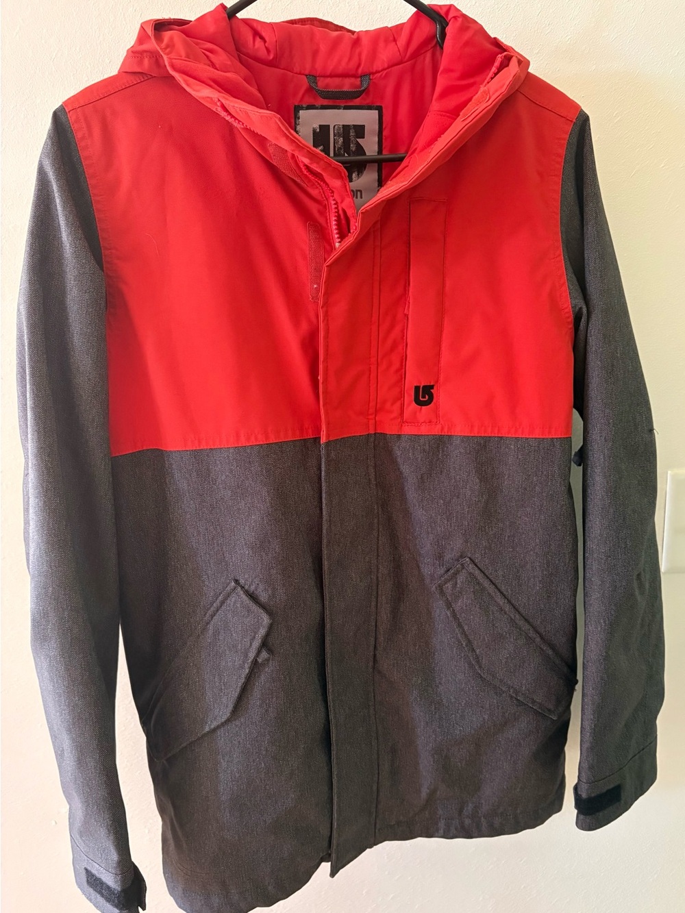 Burton Red and Gray Colorblock Hooded Snow Jacket